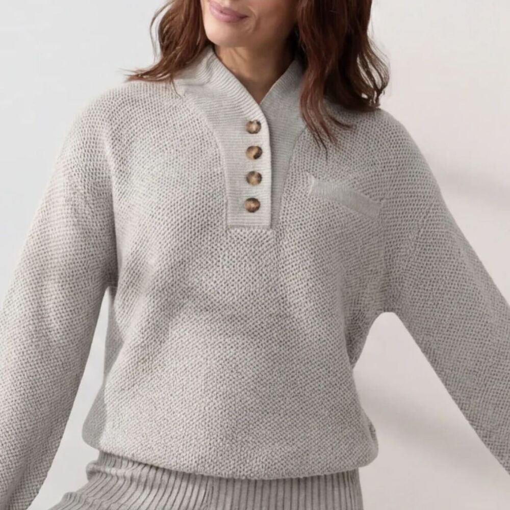 Lunya Cozy Cottonsilk Pocket Henley Sweater Gray Organic Cotton Oversized L/XL